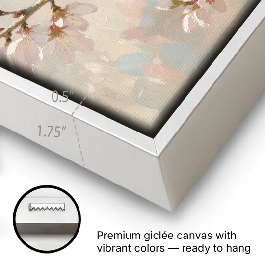 Cherry Blossom Bird Painting of White-Eyes - White Framed Canvas Wall Art - Gallery Wrap Corner