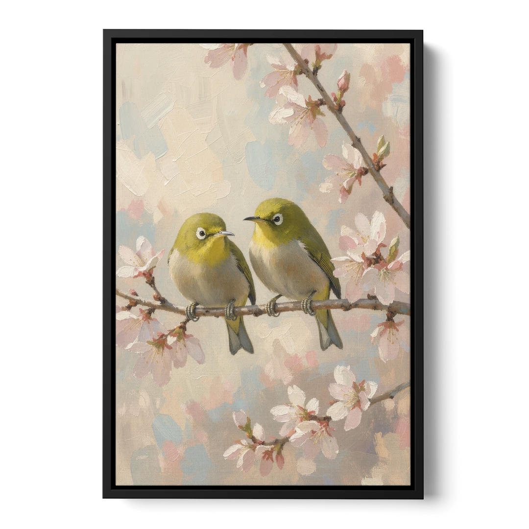 Cherry Blossom Bird Painting of White-Eyes - Black Framed Canvas Wall Art - Front