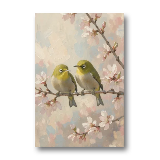Cherry Blossom Bird Painting of White-Eyes - Canvas Wall Art - Front