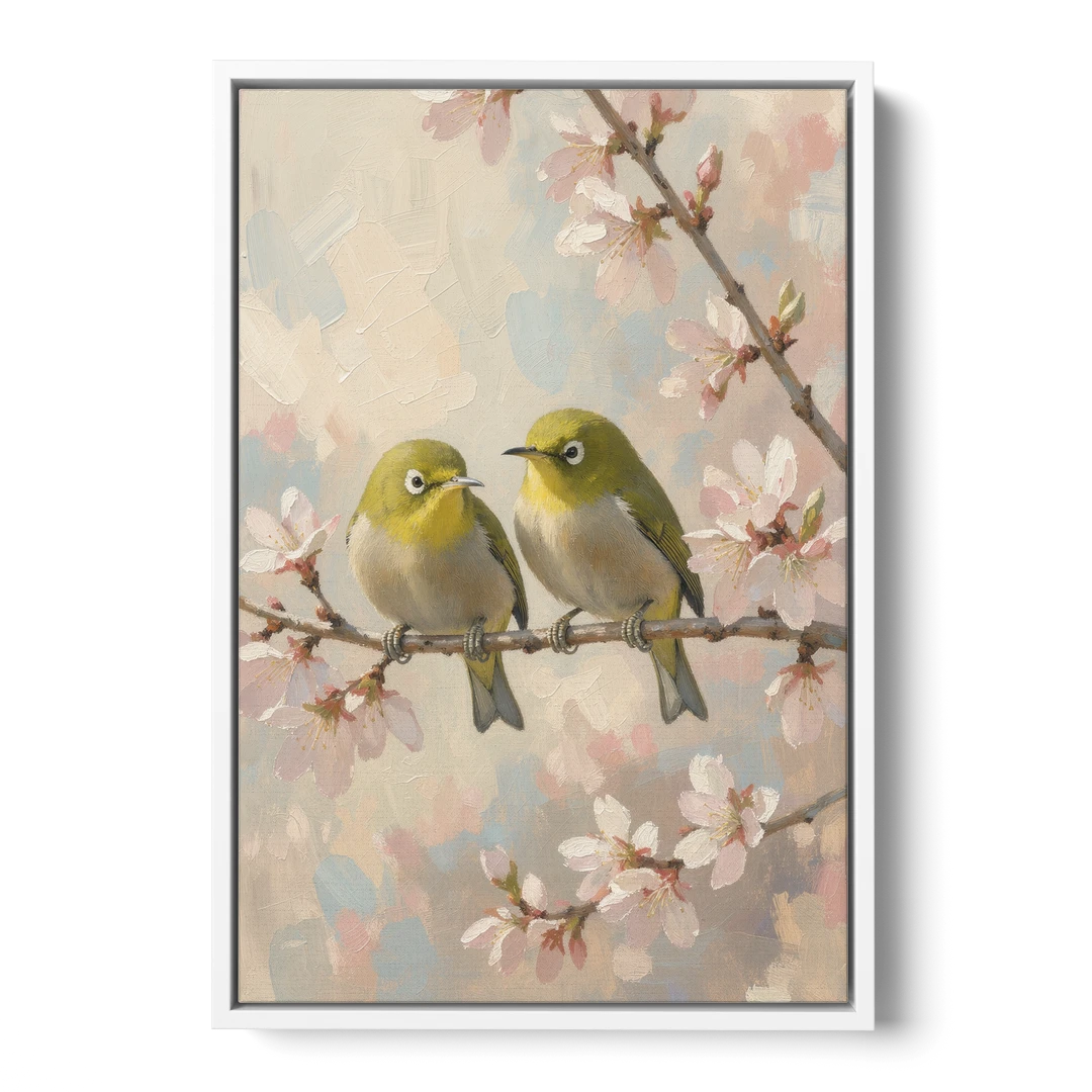 Cherry Blossom Bird Painting of White-Eyes - White Framed Canvas Wall Art - Front