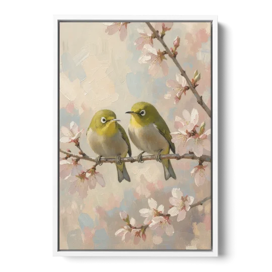 Cherry Blossom Bird Painting of White-Eyes - White Framed Canvas Wall Art - Front