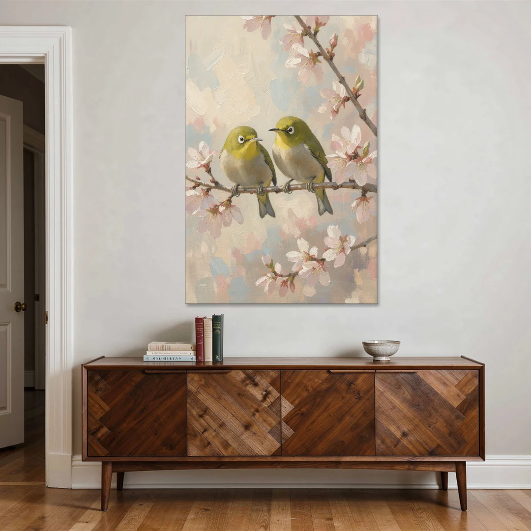 Cherry Blossom Bird Painting of White-Eyes - Canvas Wall Art - Coffee Table - 40x60