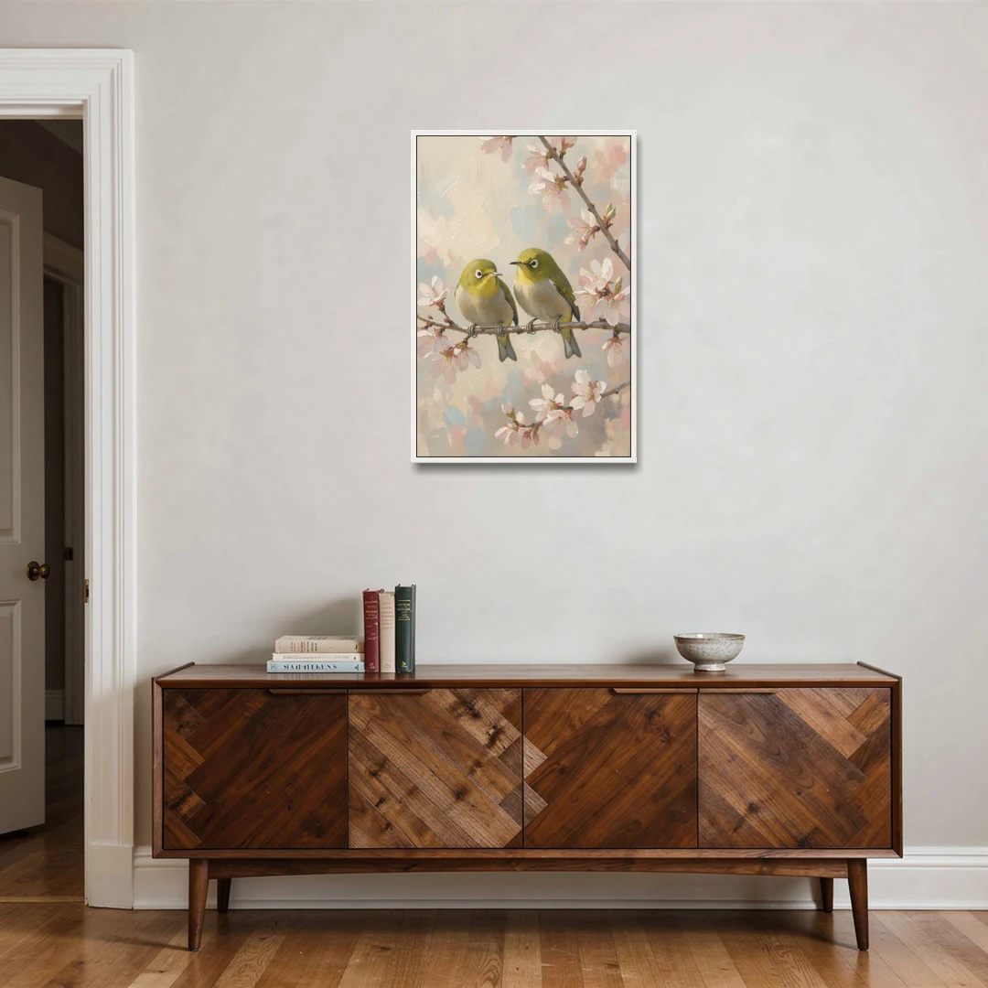 Cherry Blossom Bird Painting of White-Eyes - White Framed Canvas Wall Art - Coffee Table - 24x36