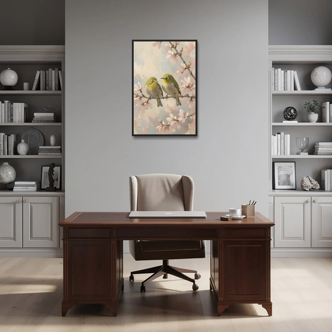 Cherry Blossom Bird Painting of White-Eyes - Black Framed Canvas Wall Art - Office - 24x36