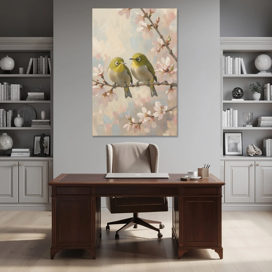 Cherry Blossom Bird Painting of White-Eyes - Canvas Wall Art - Office - 40x60