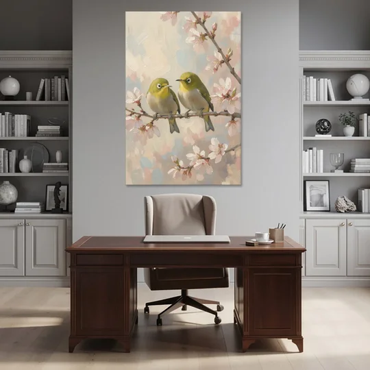 Cherry Blossom Bird Painting of White-Eyes - Canvas Wall Art - Office - 40x60