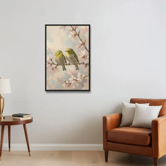 Cherry Blossom Bird Painting of White-Eyes - Black Framed Canvas Wall Art - Sofa - 24x36