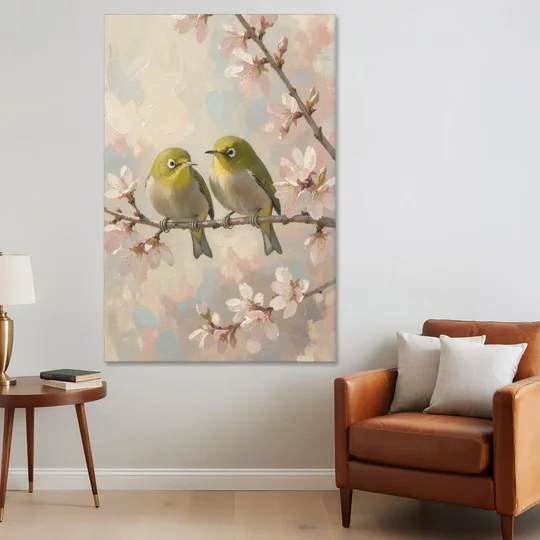 Cherry Blossom Bird Painting of White-Eyes - Canvas Wall Art - Sofa - 40x60