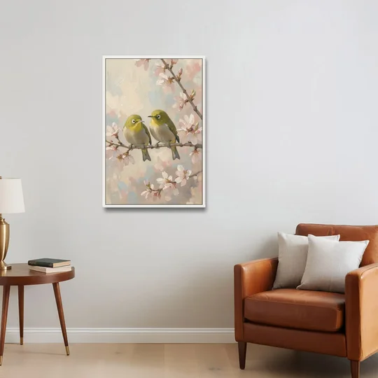 Cherry Blossom Bird Painting of White-Eyes - White Framed Canvas Wall Art - Sofa - 24x36