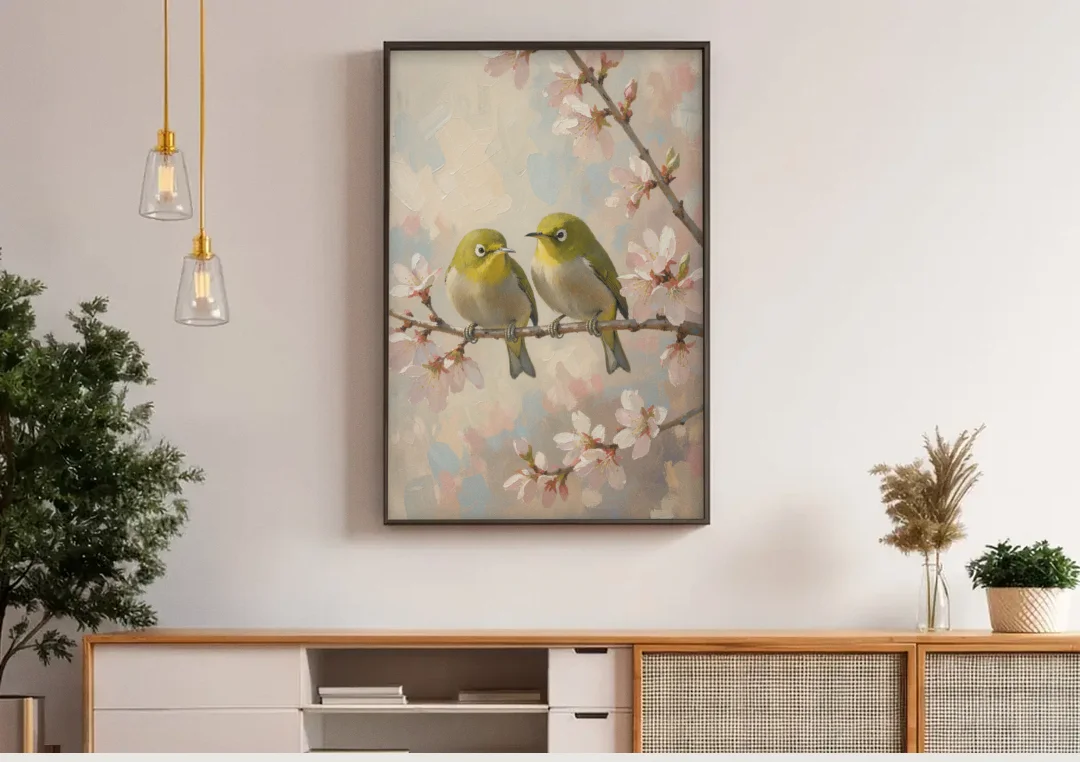 Cherry Blossom Bird Painting of White-Eyes canvas wall art above a wooden sideboard under pendant lights