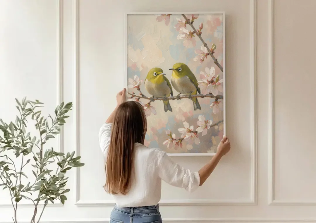Cherry Blossom Bird Painting of White-Eyes canvas wall art being hung on a paneled wall