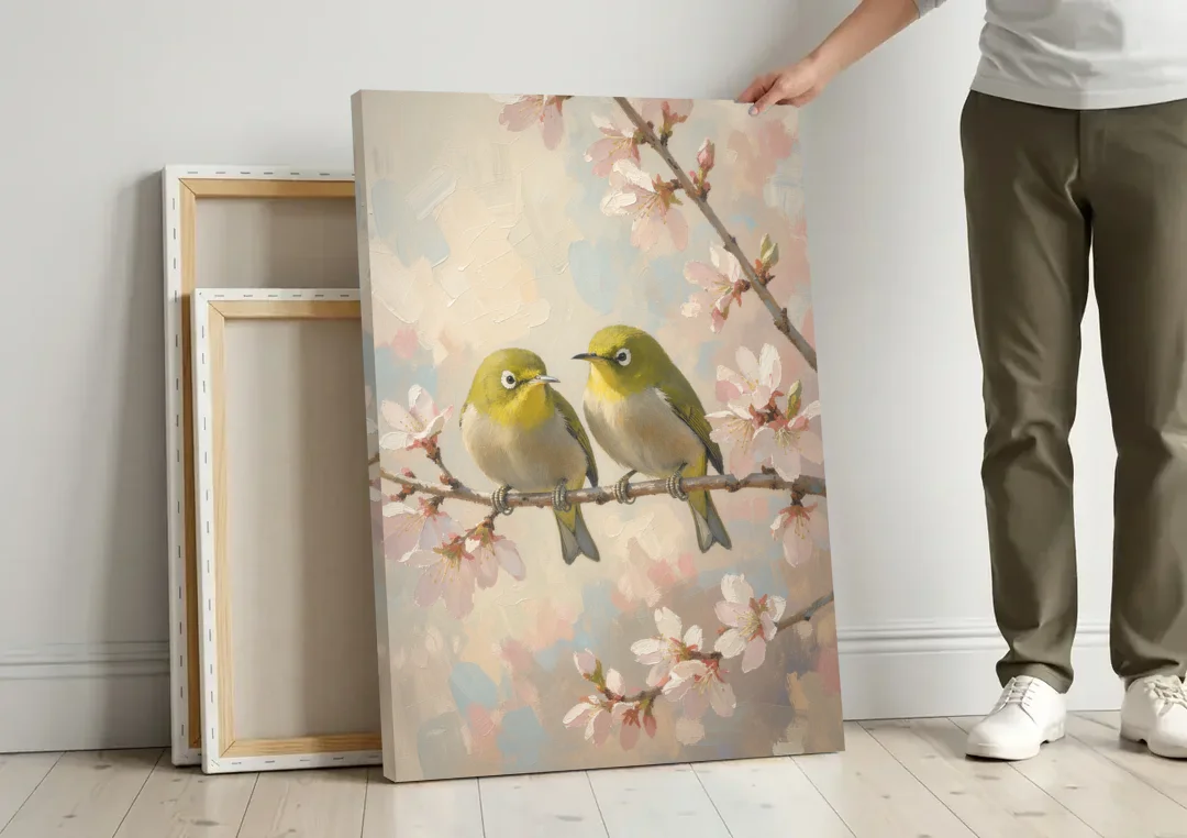 Cherry Blossom Bird Painting of White-Eyes canvas wall art leaning against a wall next to blank canvases