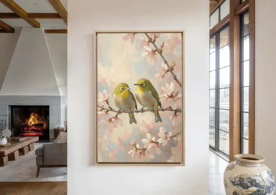 Cherry Blossom Bird Painting of White-Eyes canvas wall art in a living room with a fireplace