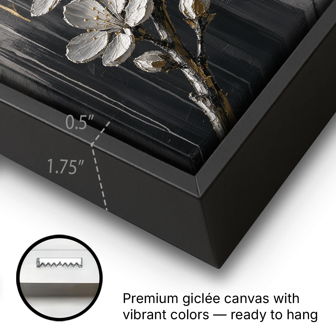 Cherry Blossom Branch Art in Charcoal and Gold - Black Framed Canvas Wall Art - Gallery Wrap Corner