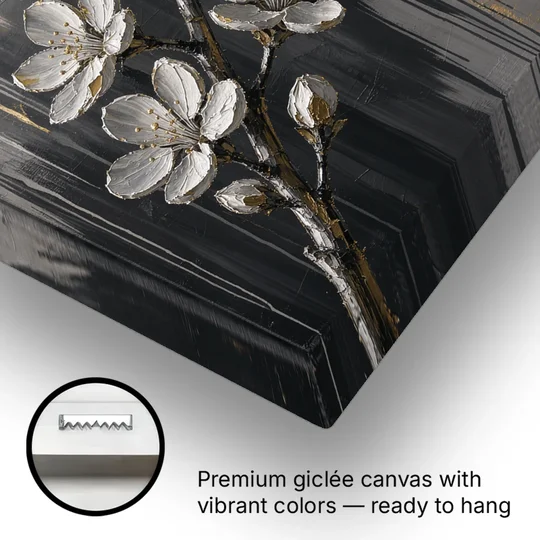 Cherry Blossom Branch Art in Charcoal and Gold - Canvas Wall Art - Gallery Wrap Corner