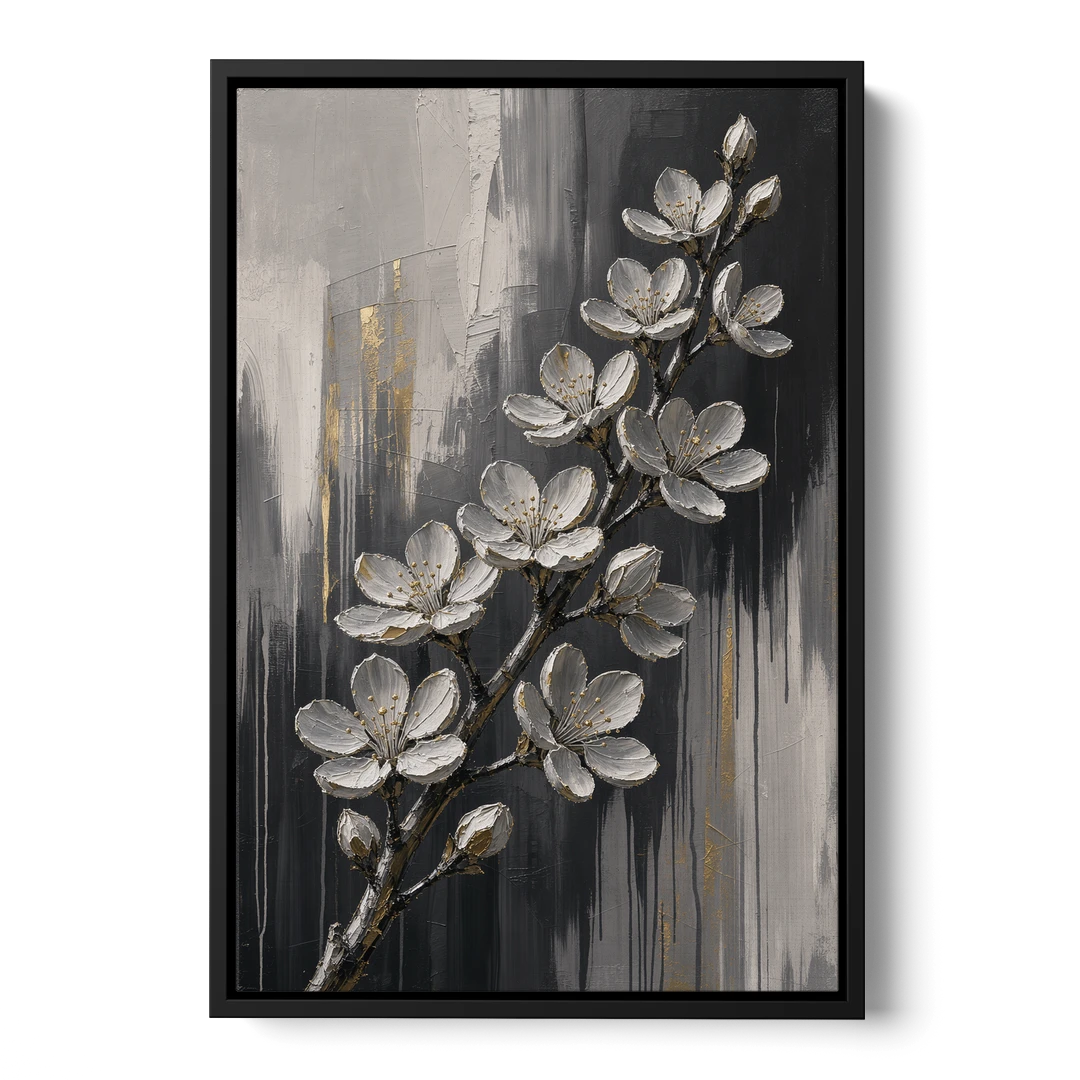 Cherry Blossom Branch Art in Charcoal and Gold - Black Framed Canvas Wall Art - Front