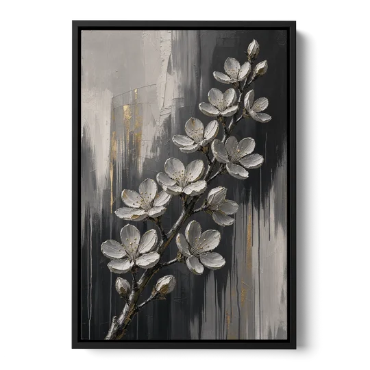 Cherry Blossom Branch Art in Charcoal and Gold - Black Framed Canvas Wall Art - Front