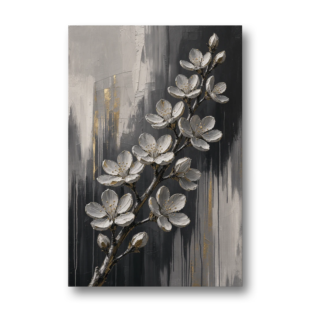 Cherry Blossom Branch Art in Charcoal and Gold - Canvas Wall Art - Front