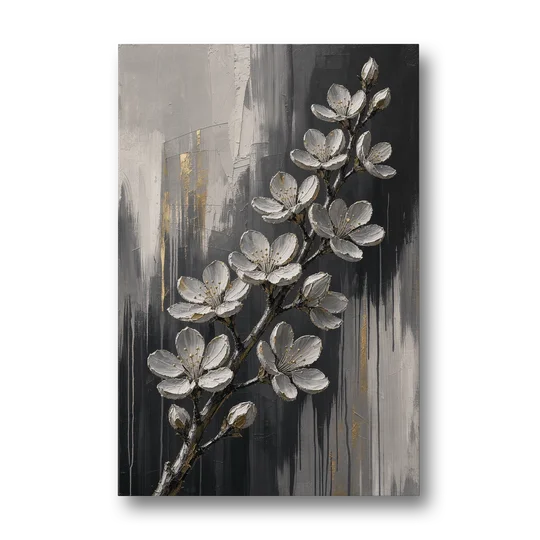 Cherry Blossom Branch Art in Charcoal and Gold - Canvas Wall Art - Front