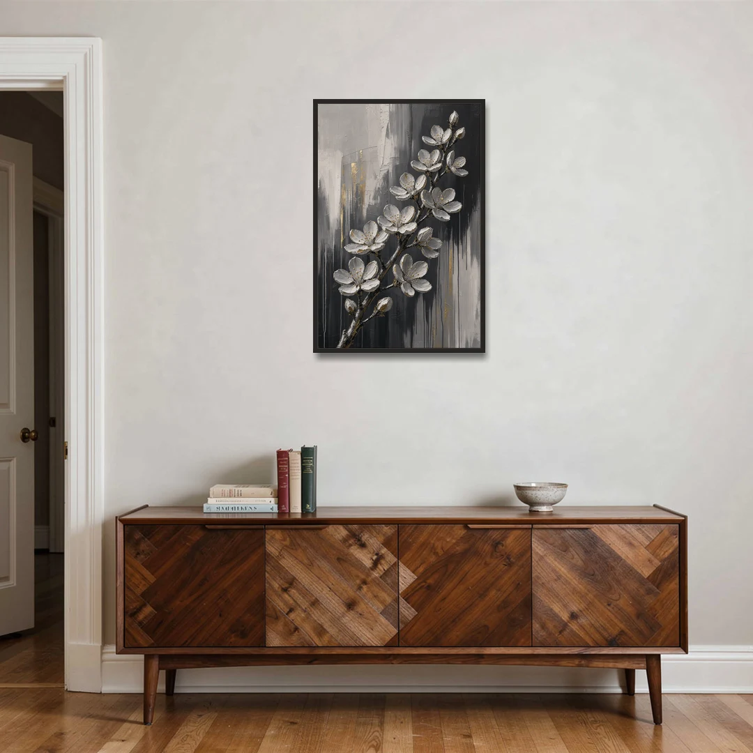 Cherry Blossom Branch Art in Charcoal and Gold - Black Framed Canvas Wall Art - Coffee Table - 24x36