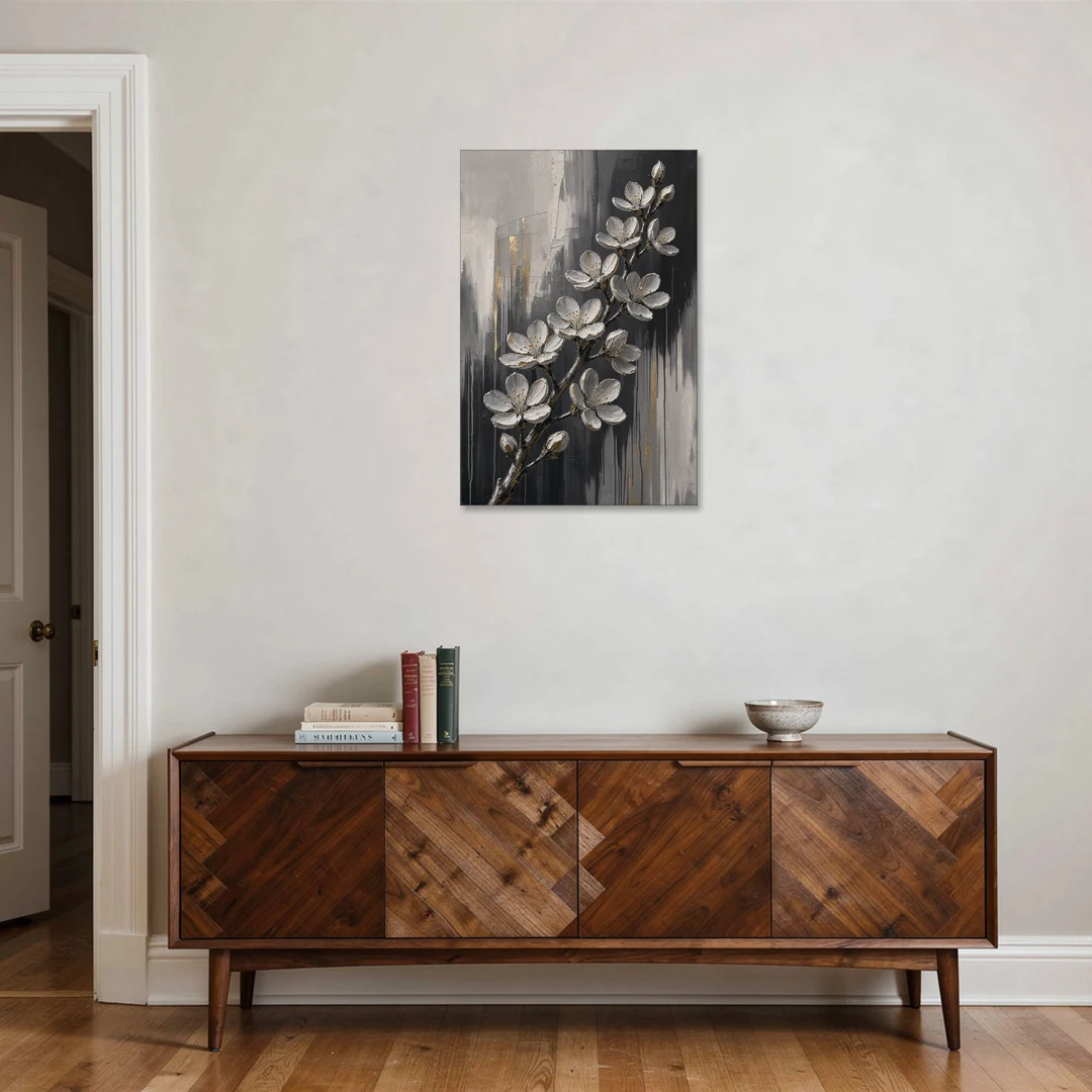 Cherry Blossom Branch Art in Charcoal and Gold - Canvas Wall Art - Coffee Table - 24x36