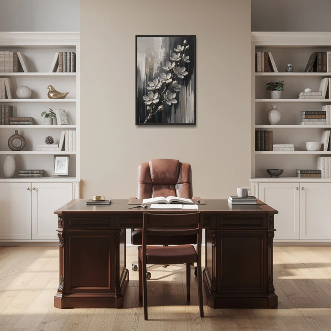 Cherry Blossom Branch Art in Charcoal and Gold - Black Framed Canvas Wall Art - Office - 24x36