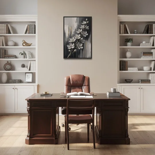 Cherry Blossom Branch Art in Charcoal and Gold - Black Framed Canvas Wall Art - Office - 24x36