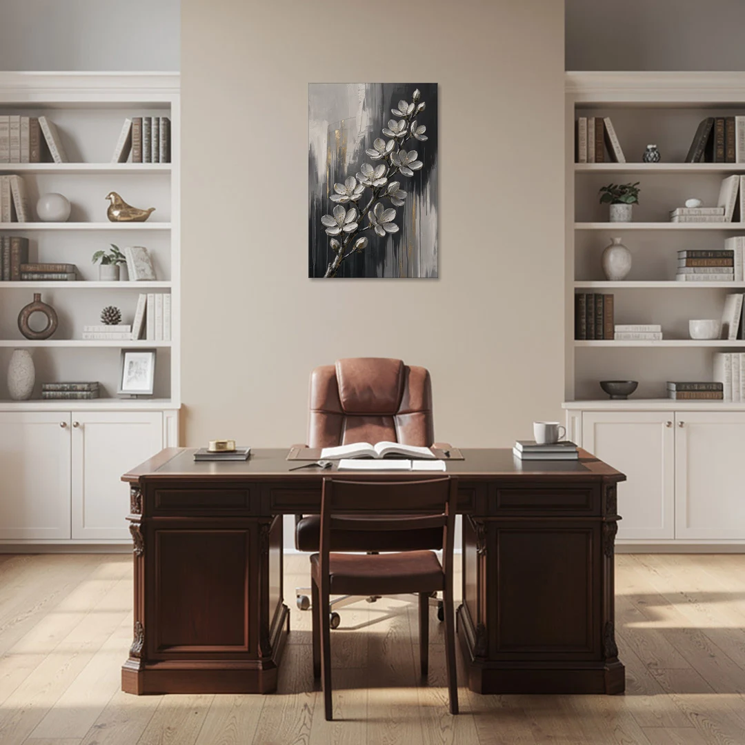 Cherry Blossom Branch Art in Charcoal and Gold - Canvas Wall Art - Office - 24x36