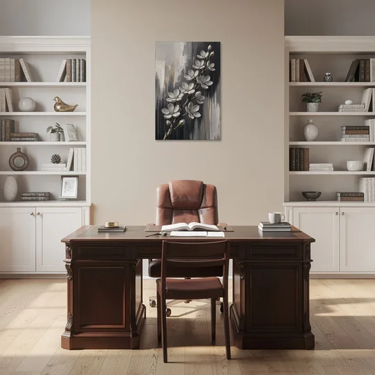 Cherry Blossom Branch Art in Charcoal and Gold - Canvas Wall Art - Office - 24x36