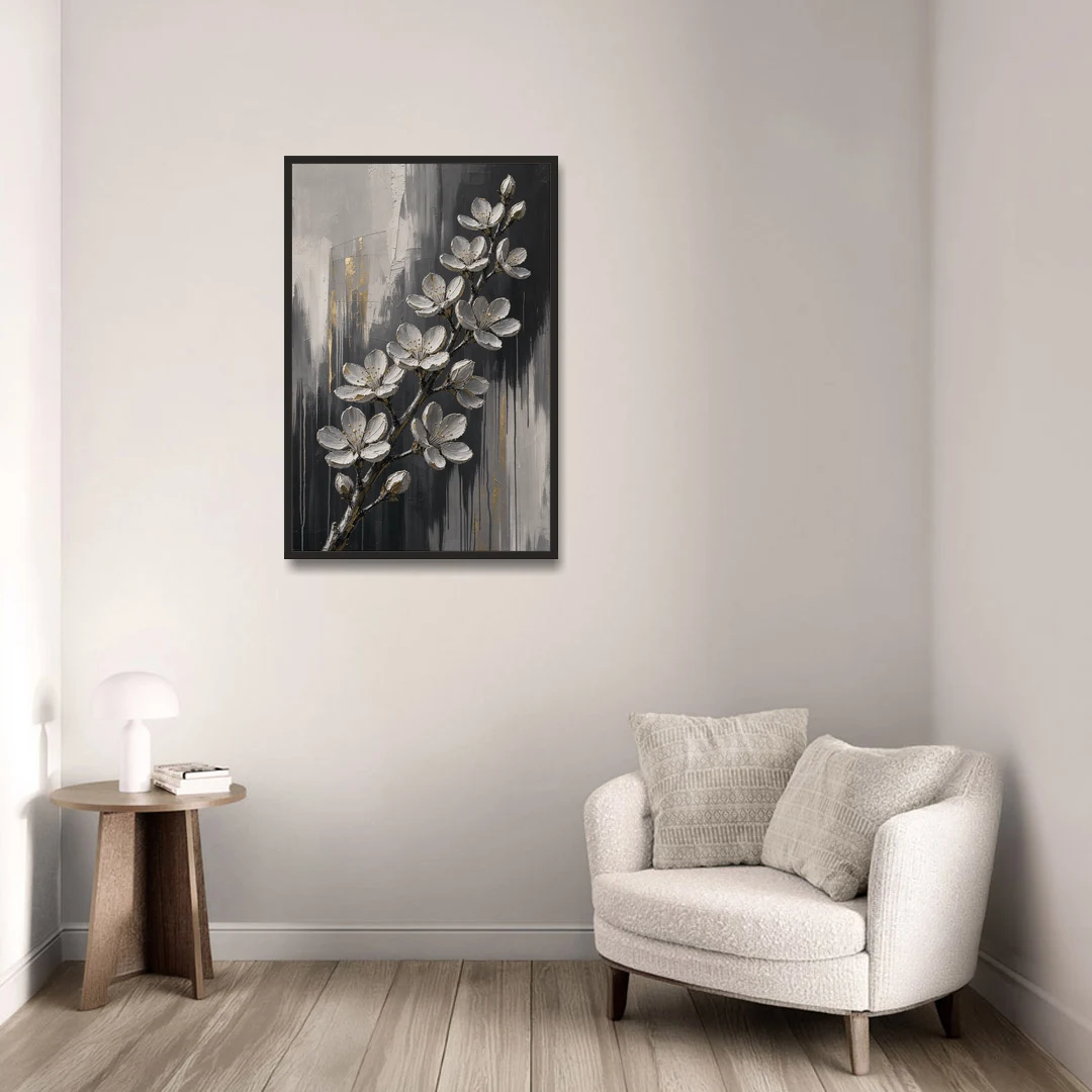 Cherry Blossom Branch Art in Charcoal and Gold - Black Framed Canvas Wall Art - Sofa - 24x36