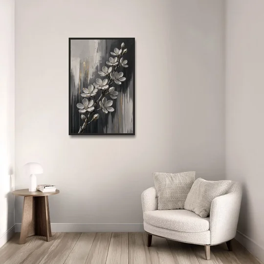 Cherry Blossom Branch Art in Charcoal and Gold - Black Framed Canvas Wall Art - Sofa - 24x36