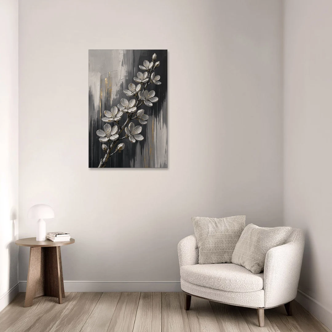 Cherry Blossom Branch Art in Charcoal and Gold - Canvas Wall Art - Sofa - 24x36