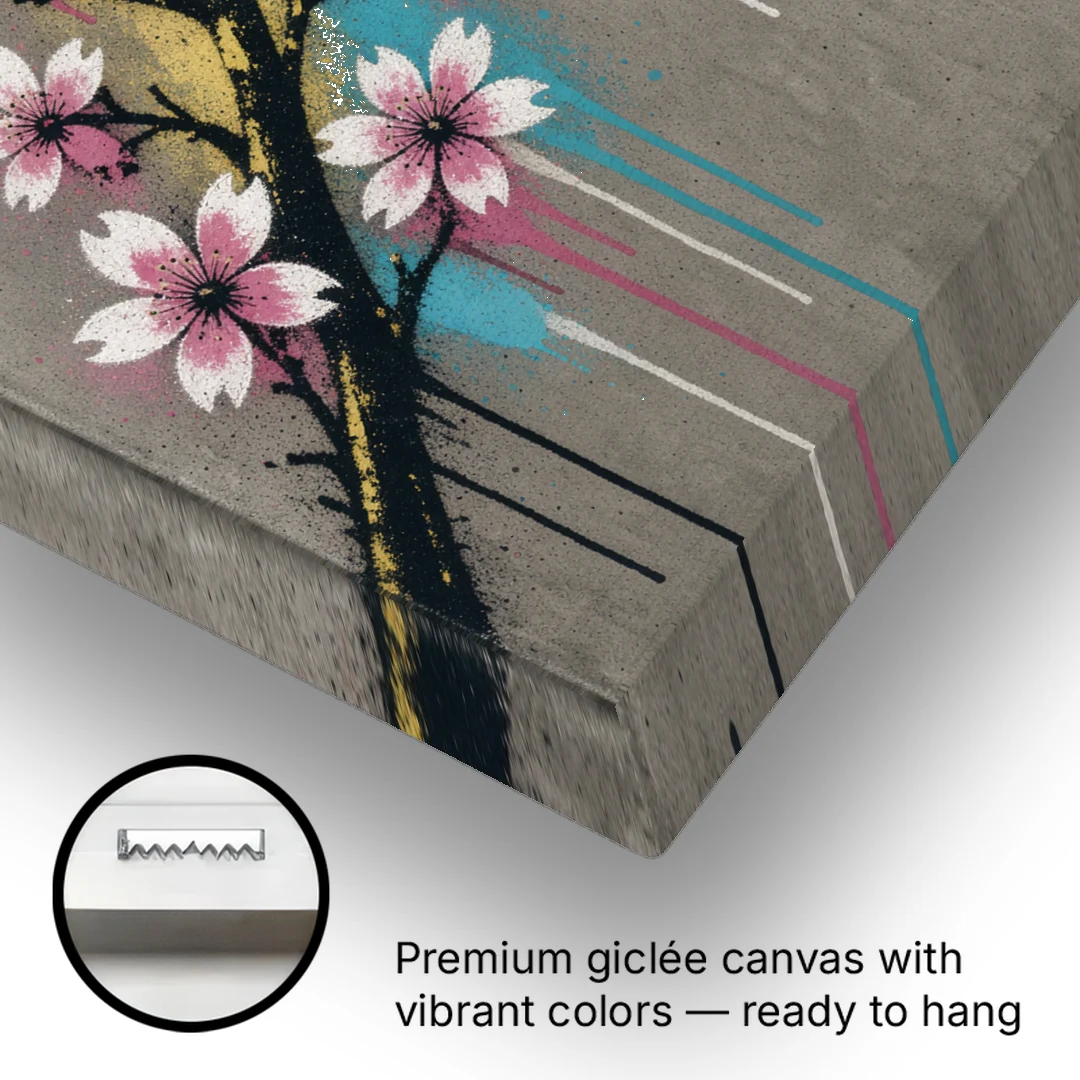 Cherry Blossom Branch Graffiti on Concrete - Canvas Wall Art - Gallery Wrap Corner