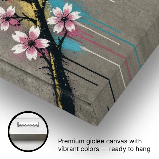 Cherry Blossom Branch Graffiti on Concrete - Canvas Wall Art - Gallery Wrap Corner