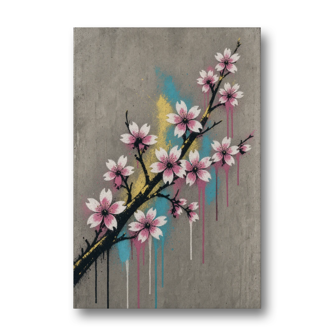 Cherry Blossom Branch Graffiti on Concrete - Canvas Wall Art - Front