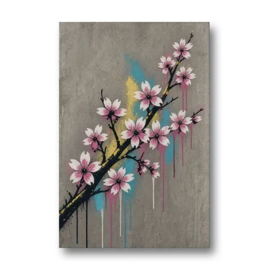 Cherry Blossom Branch Graffiti on Concrete - Canvas Wall Art - Front
