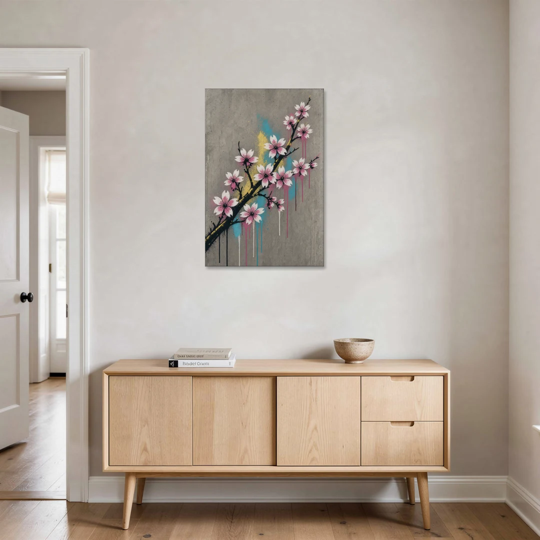 Cherry Blossom Branch Graffiti on Concrete - Canvas Wall Art - Coffee Table - 24x36