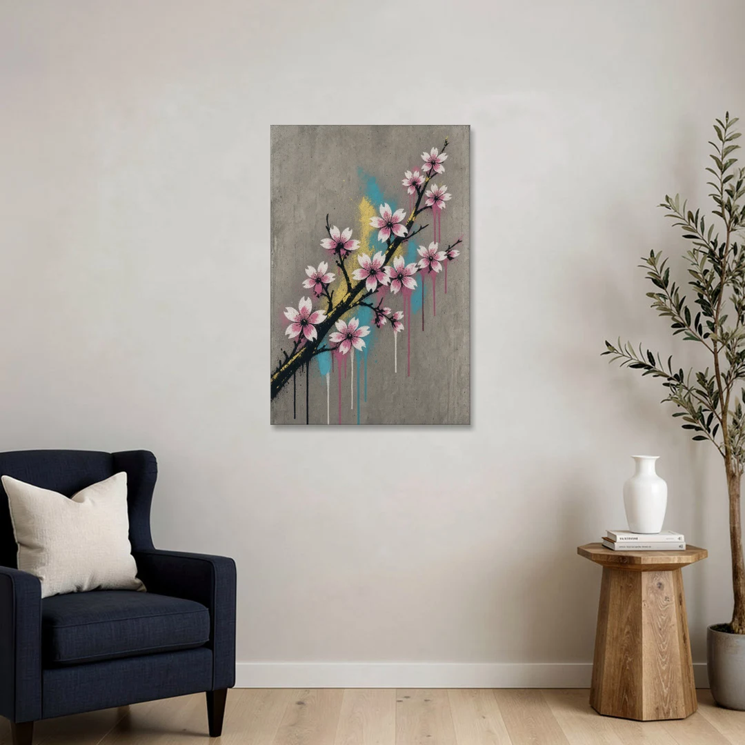 Cherry Blossom Branch Graffiti on Concrete - Canvas Wall Art - Sofa - 24x36