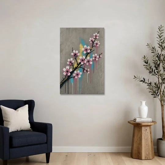 Cherry Blossom Branch Graffiti on Concrete - Canvas Wall Art - Sofa - 24x36