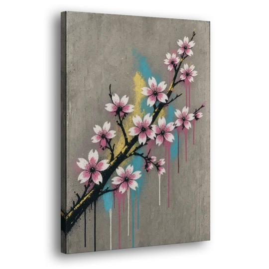 Cherry Blossom Branch Graffiti on Concrete - Canvas Wall Art - Side