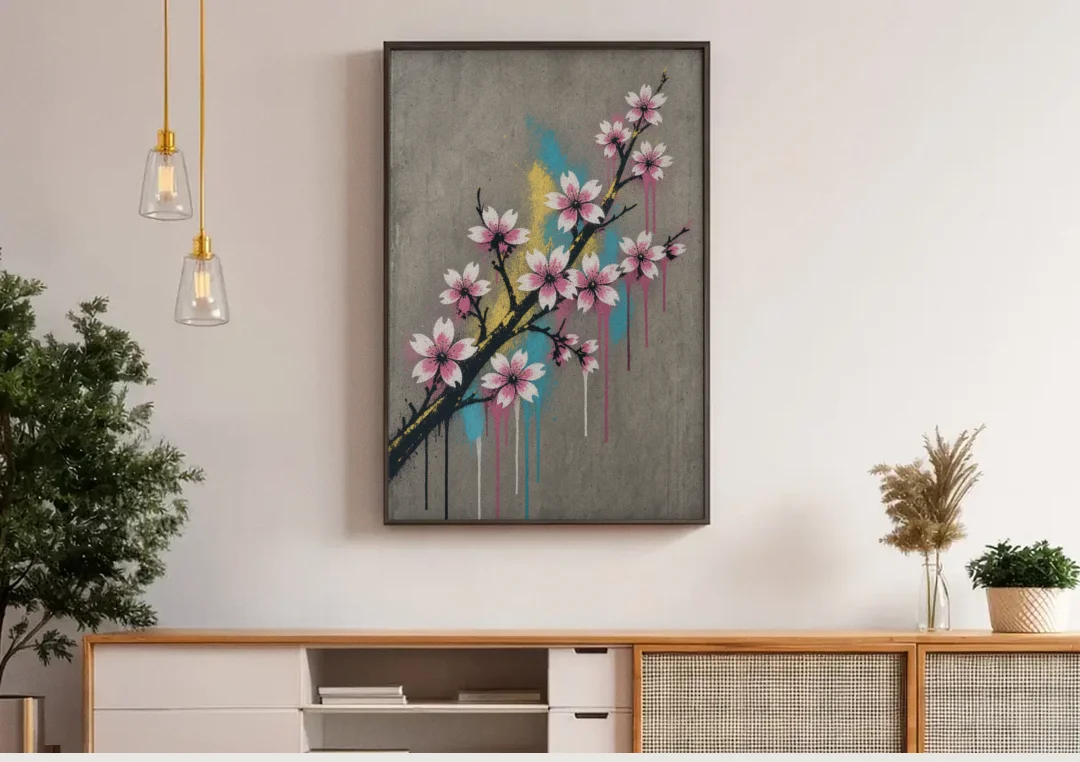 Cherry Blossom Branch Graffiti on Concrete canvas wall art above a wooden sideboard under pendant lights