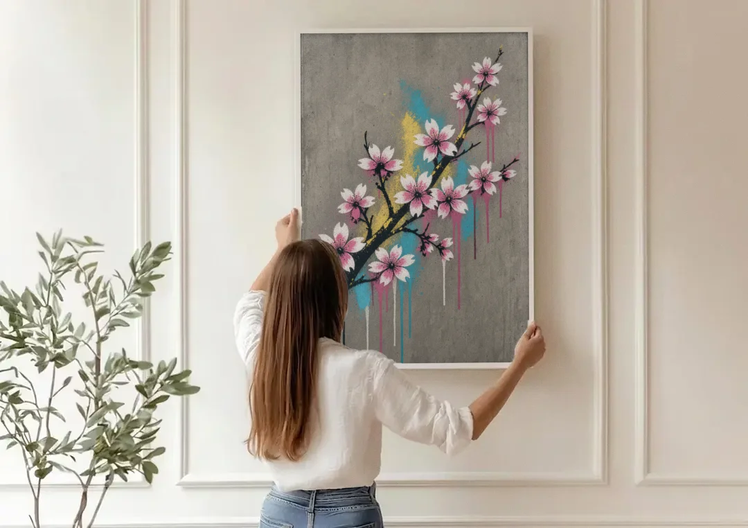 Cherry Blossom Branch Graffiti on Concrete canvas wall art being hung on a paneled wall