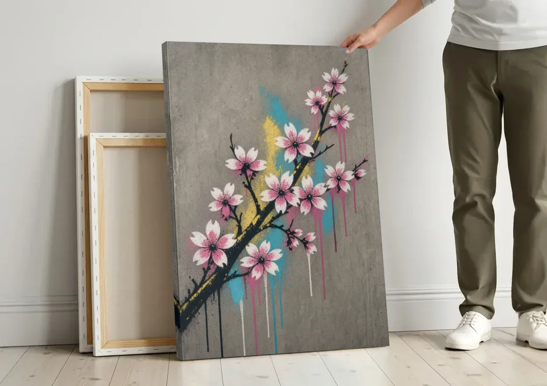 Cherry Blossom Branch Graffiti on Concrete canvas wall art leaning against a wall next to blank canvases