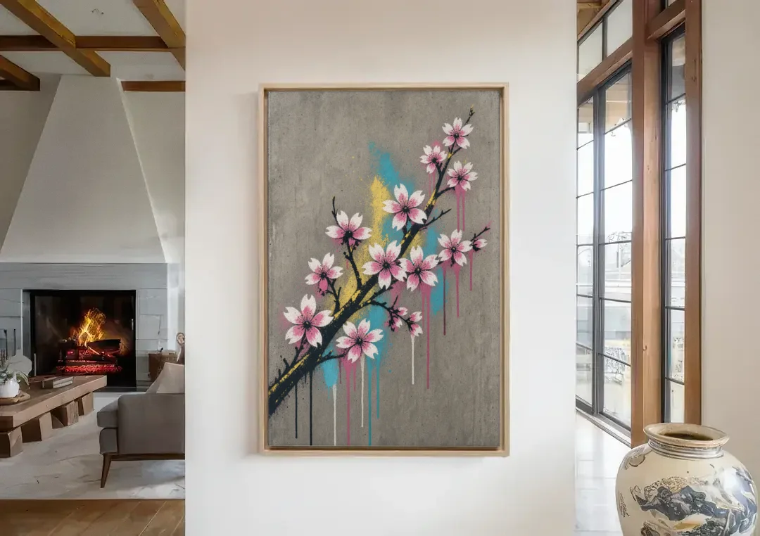 Cherry Blossom Branch Graffiti on Concrete canvas wall art in a living room with a fireplace