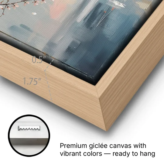 Abstract Cherry Blossom Branch Over Misty Sea - Oak Framed Canvas Wall Art - Gallery Wrap Corner