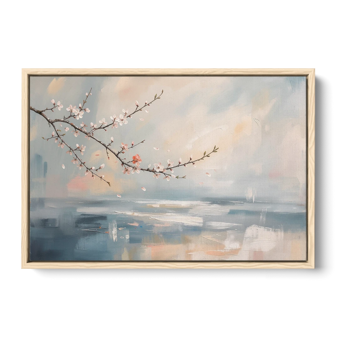 Abstract Cherry Blossom Branch Over Misty Sea - Oak Framed Canvas Wall Art - Front