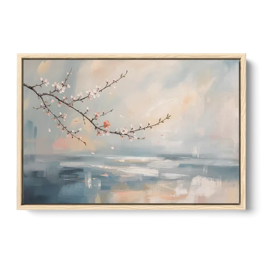 Abstract Cherry Blossom Branch Over Misty Sea - Oak Framed Canvas Wall Art - Front