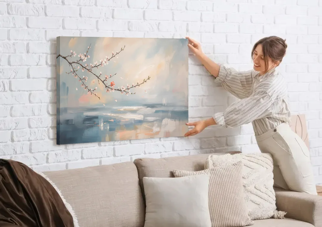 Abstract Cherry Blossom Branch Over Misty Sea canvas wall art being hung on a white brick wall above a sofa