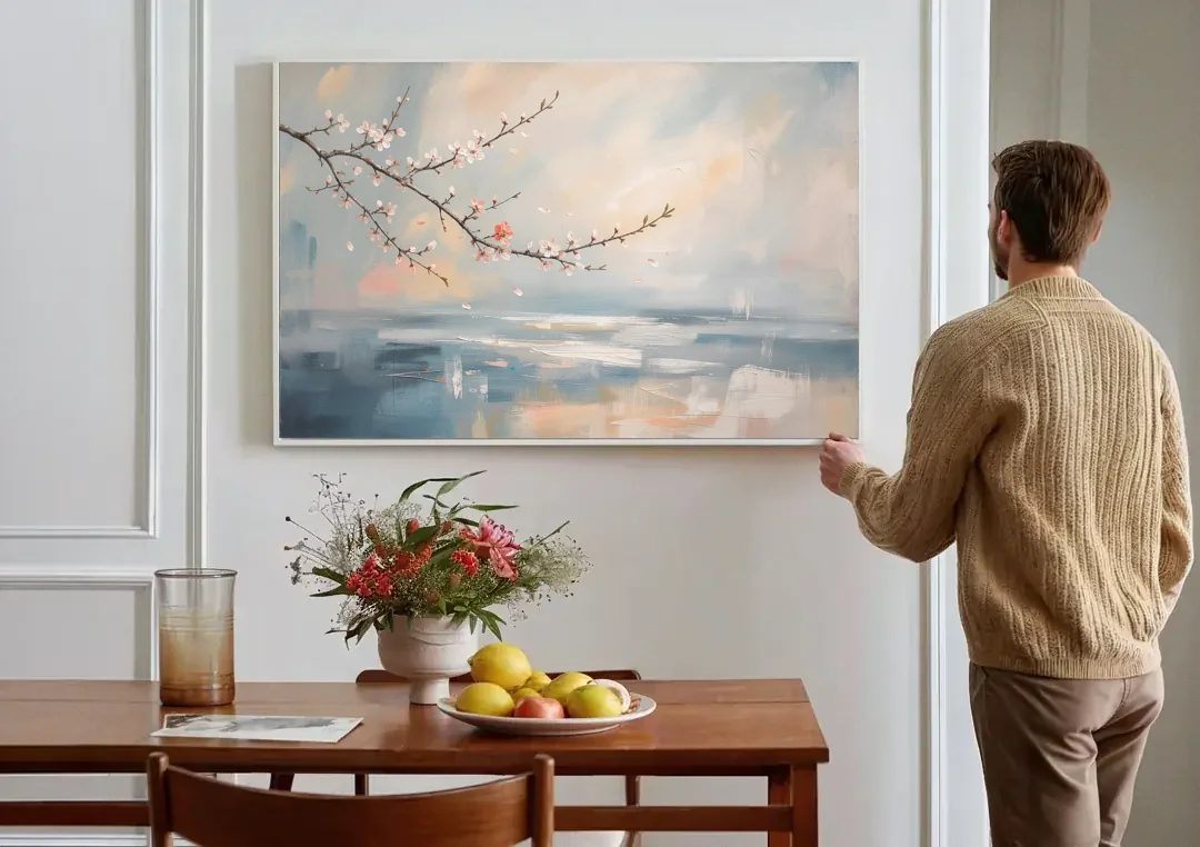 Abstract Cherry Blossom Branch Over Misty Sea canvas wall art above a dining table