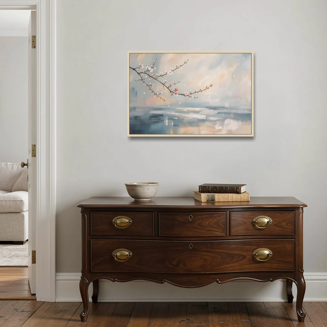 Abstract Cherry Blossom Branch Over Misty Sea - Oak Framed Canvas Wall Art - Coffee Table - 36x24
